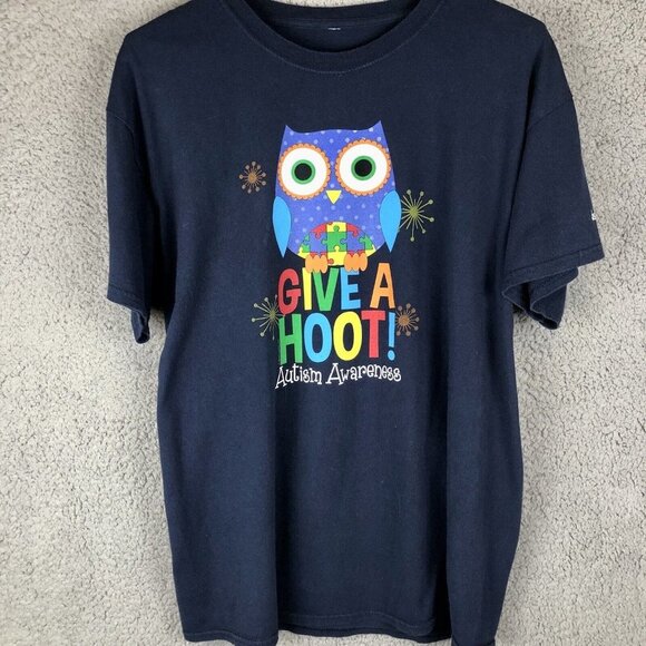 Autism Awareness Shirt Adult Size Large Navy Blue Owl Unisex Top - Picture 1 of 6